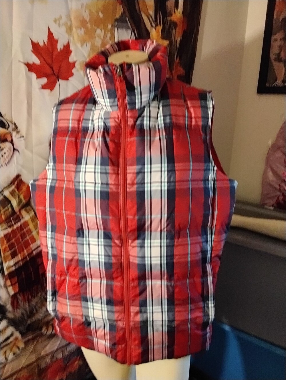 Lands End Women's size XL 18 Plaid red Puffer Vest down insulated New no tags